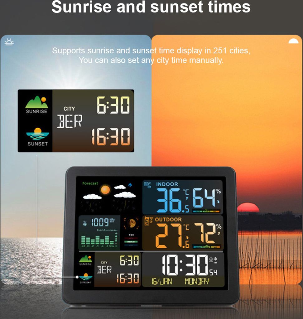 Wetterstation, kabellos, fuer drinnen und draussen, mit Sensoren, Farbdisplay, digitale Wettervorhersage, Temperatur- und Feuchtigkeitsmonitor, Wec...