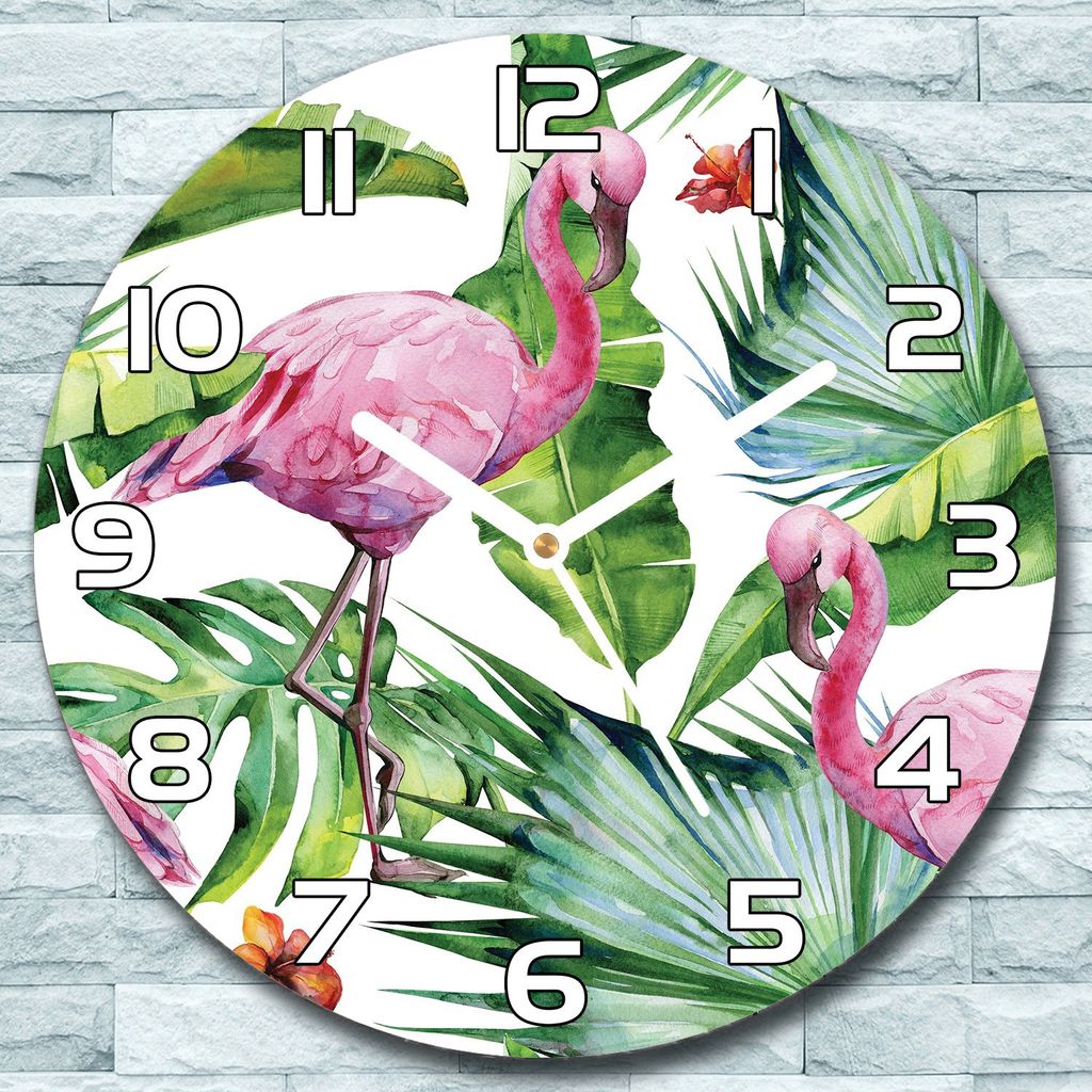 Wanduhr aus Glas Rund fi 30 Flamingo Tropische Pflanzen Deko Wohnzimmer Büro