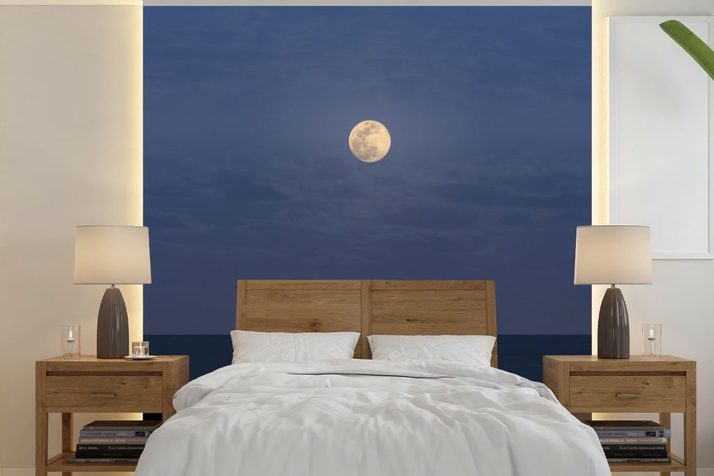 MuchoWow Fototapete für Wohnzimmer oder Schlafzimmer Wandtapete Vinyl Motivtapete Boot - Spiegelung - Mond - 280x280 cm - Hintergrundbild