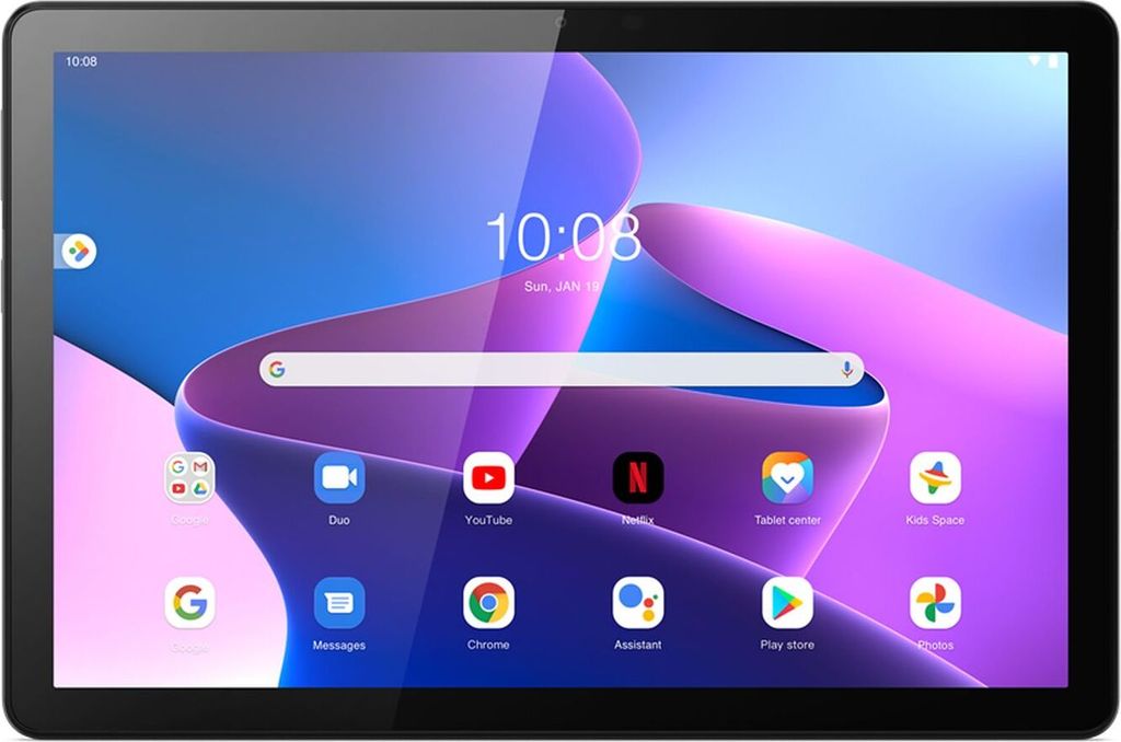 A tablet displaying its home screen with various app icons and a search bar.