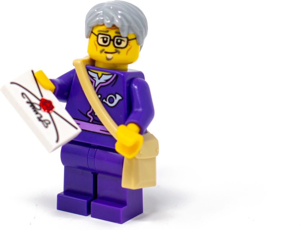 A Lego minifigure of a postman holding a letter.