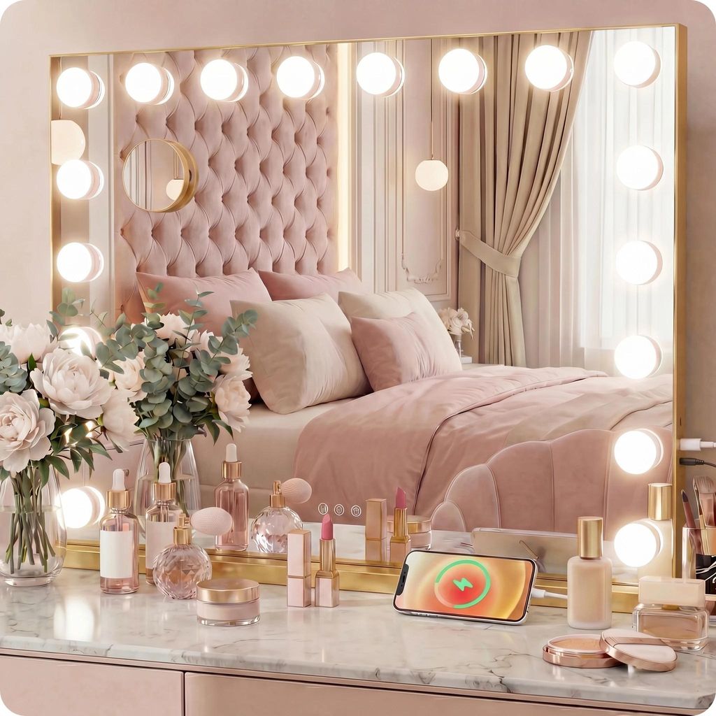 Lustro do makijażu Hollywood złote make-up wizażu 58x48cm Zdjęcie produktu 