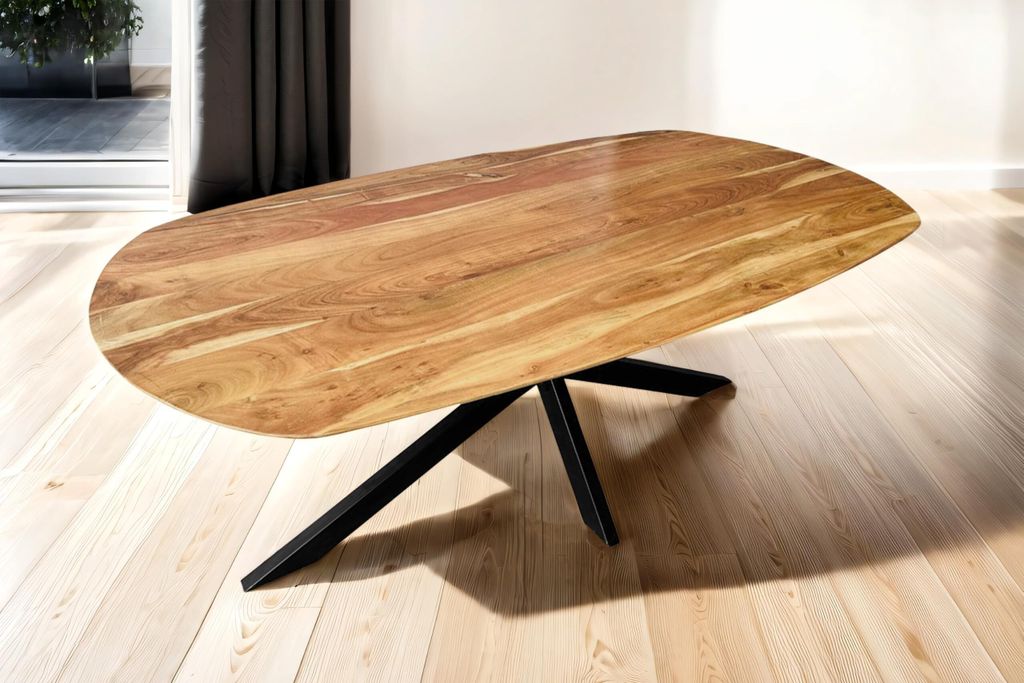 Ovaler Esstisch 220x100 cm Rama, Akazienholz naturfarben, massiver Esszimmertisch mit Schweizer Kante, Spider-Gestell Eisen schwarz, pflegeleichter...