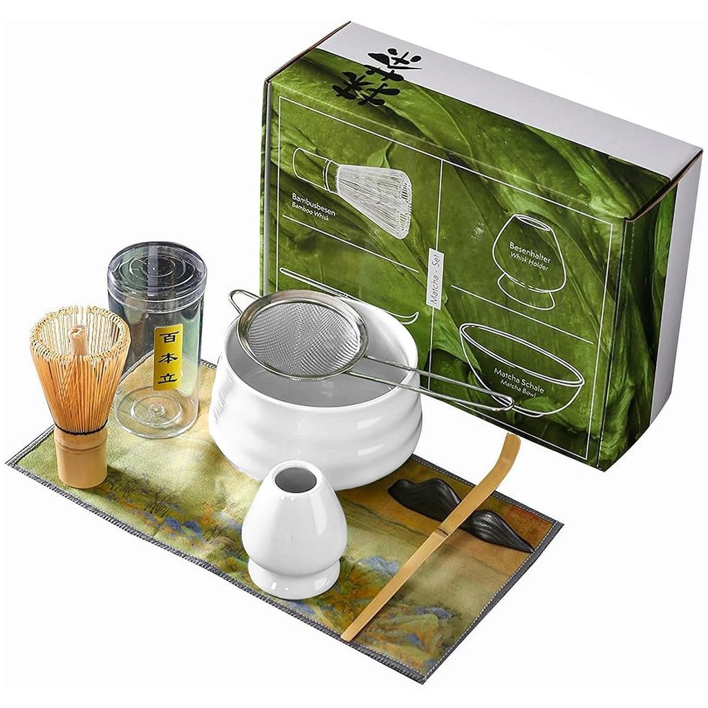 Matcha Teezeremonie Set 4-teilig,Japanisches Matcha Teeschalen Set mit Bambusbesen, Löffel und Zubehör, Keramik Schale,Weiß