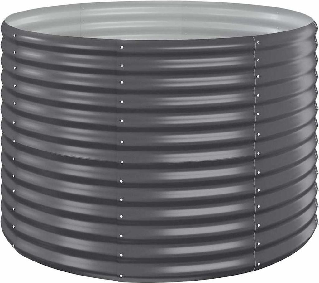 A dark gray, corrugated metal raised garden bed is shown against a white background.