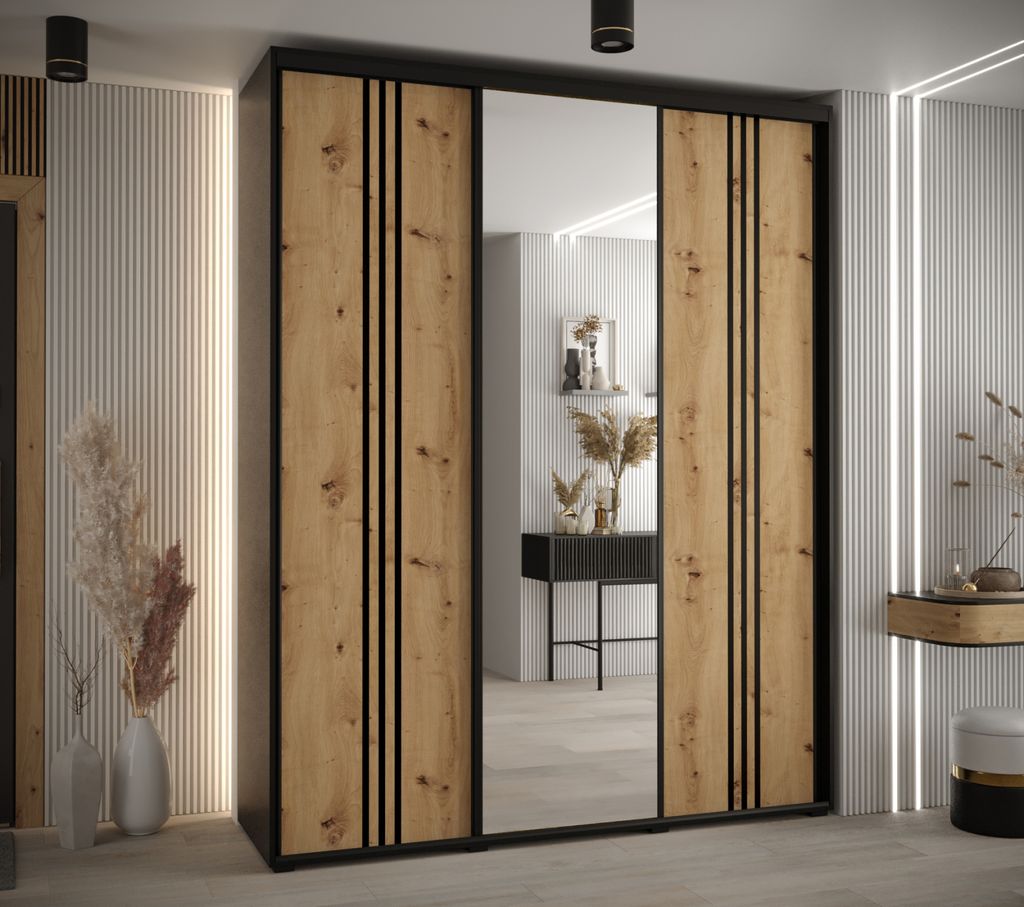 Kleiderschrank ASIRI 7 - 190/45 cm, schwarz / Eiche handwerklich / schwarz