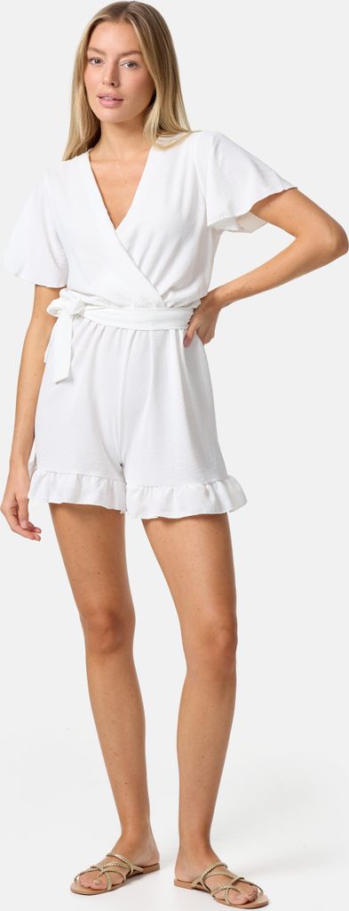 PM SELECTED Sommerlicher Damen Mini Jumpsuit Hosenanzug mit Gürtel, Rüschen und V-Ausschnitt PM28 Weiß Einheitsgröße Gr. 34 - 38