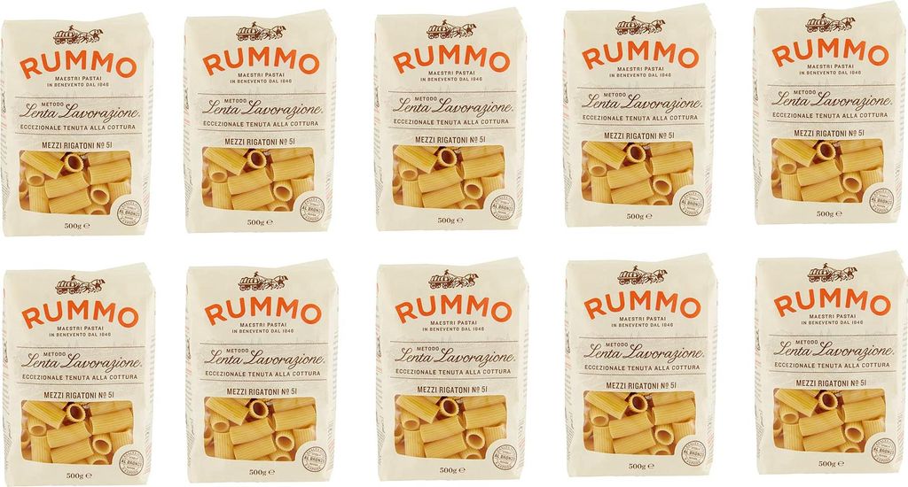 10x Rummo Mezzi Rigatoni N°51 Pasta Lenta Lavorazione Teigwaren aus Hartweizengrieß Bronze-Zeichnung 500g
