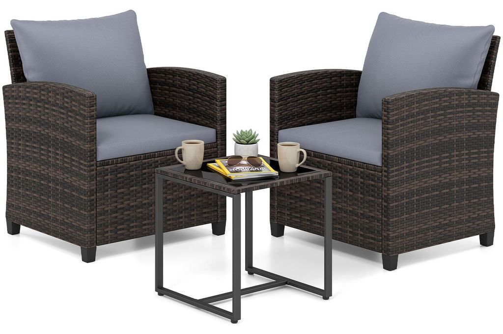 COSTWAY Gartenmöbel Set Polyrattan, Balkonmöbel inkl. 2 Stühle mit Kissen & Tisch aus Glas, Balkonset 2 Personen, Outdoor Sitzgruppe Braun-Grau