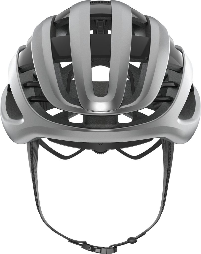 A silver and black bicycle helmet is shown from the front against a white background.