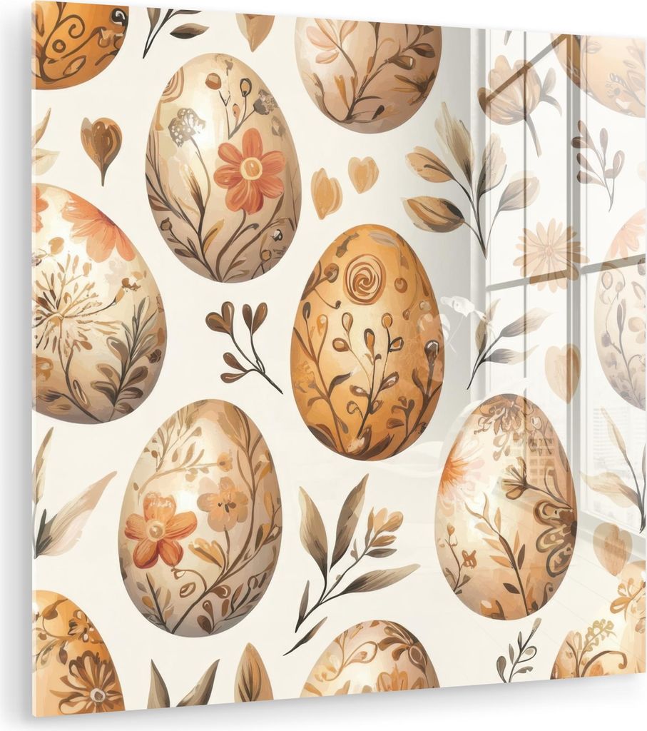 MuchoWow Glasbilder - Bilder auf Wandbild - Foto auf Glas Ostereier - Braun - Blumen 50x50 cm Wanddekoration aus Glas - Acrylglasbild - Acrylbilder...