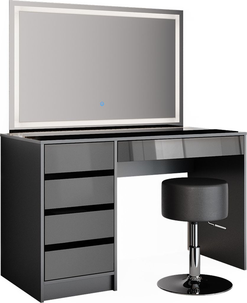 A vanity table with a lighted mirror and a stool, presented against a white background.