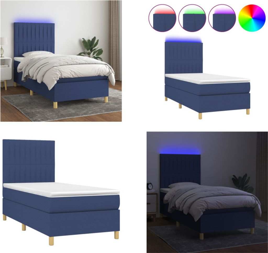 vidaXL Boxspringbett mit Matratze & LED Blau 100x200 cm Stoff - Boxspringbett - Boxspringbetten - Bett - Schlafzimmermöbel