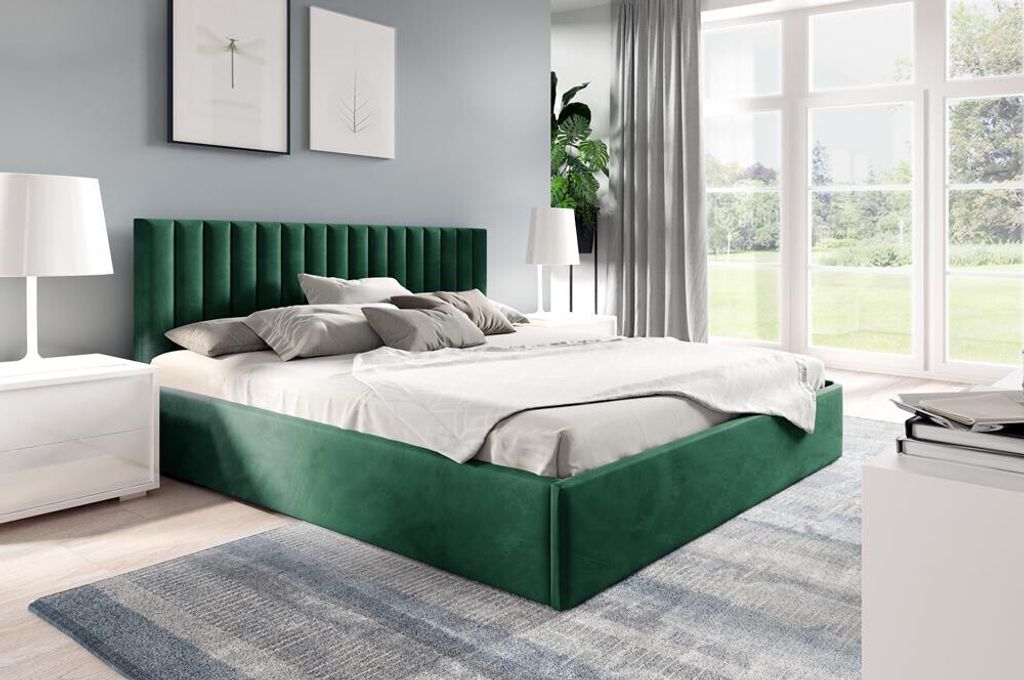 BETTSO Doppelbett Polsterbett Bett mit dekorativ Kopfstütze und Bettkasten FAME 140 x 200 cm Grün Dunkelgrün