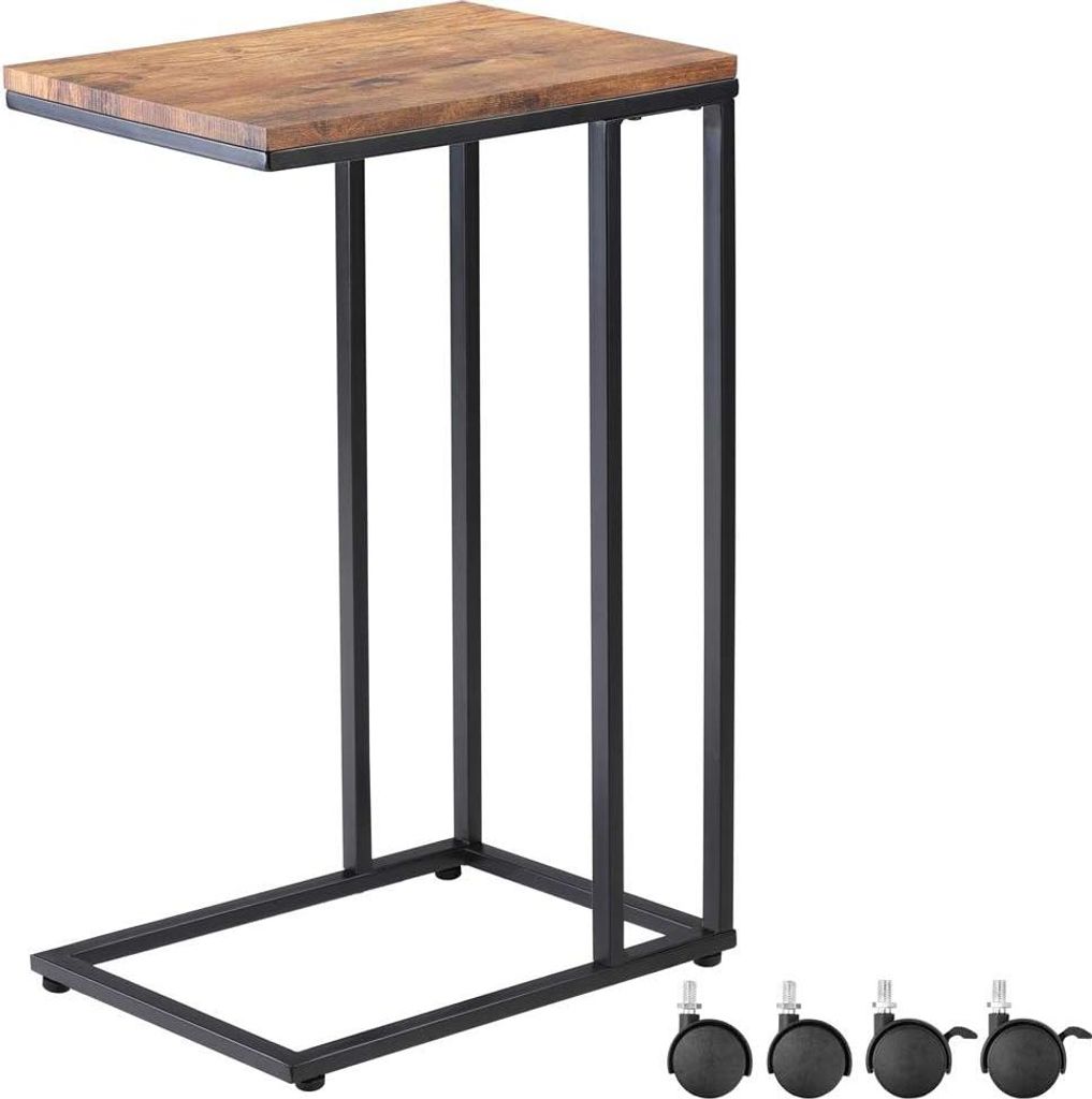 Beistelltisch mit Rollen 40 x 30 x 70 cm C-Form Holz Metall 20 kg Tragfähigkeit Wohnzimmer Schlafzimmer Beistelltisch Couchtisch Nachttisch Schwarz
