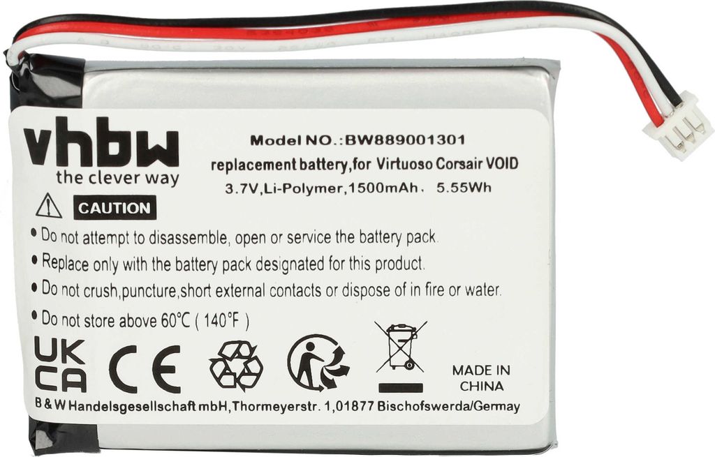 vhbw Akku kompatibel mit Corsair Virtuoso RGB Wireless SE, RGB Wireless Headset Kopfhörer (1500 mAh, 3,7 V, Li-Ion)