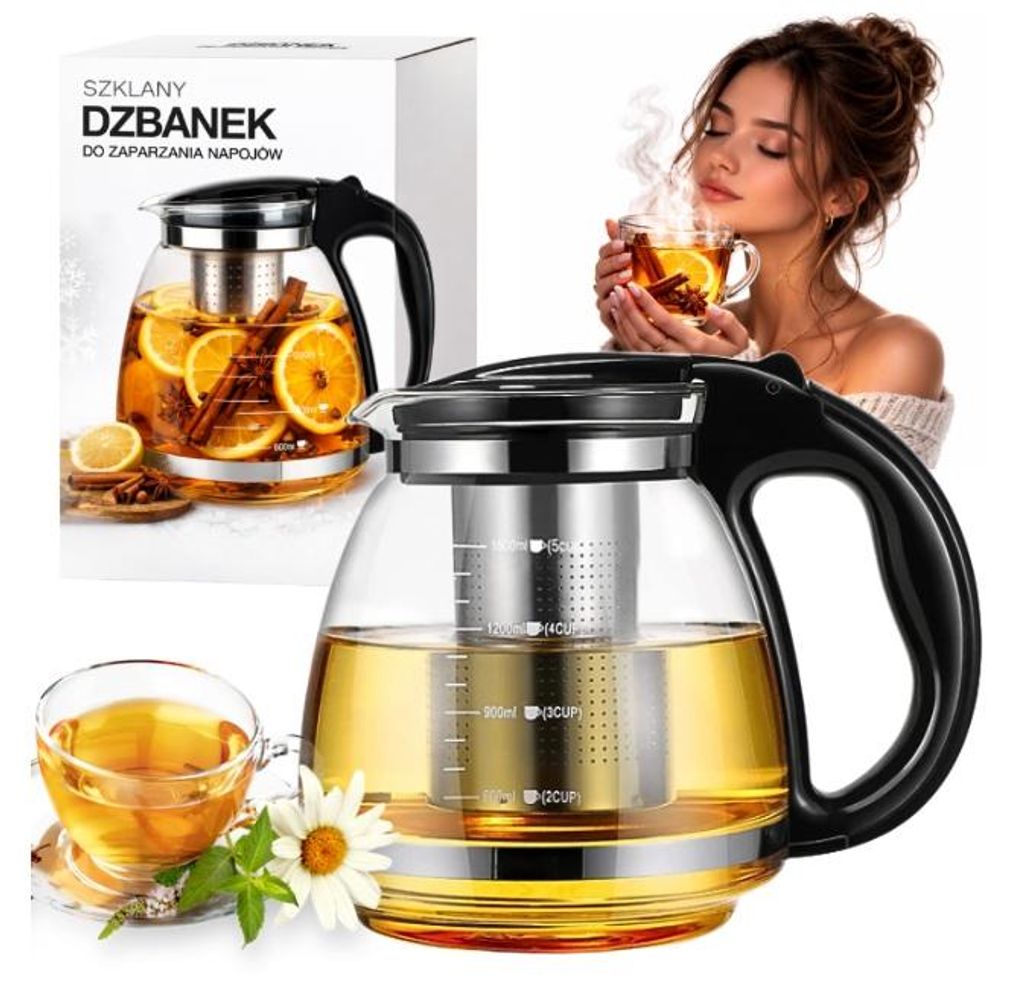 Glas Teekanne 2L mit Edelstahl Sieb Teebereiter Glaskanne Produktbild 