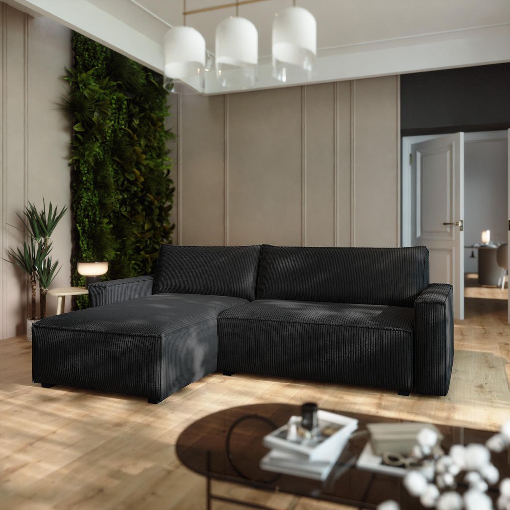 Masseno Ecksofa BESMIR mit Schlaffunktion L-Form, Sofa mit Bettkasten, Wohnzimmersofa, Couch, Soffa, Bettsofa, Couchgarnitur- Schwarz, POSO 135