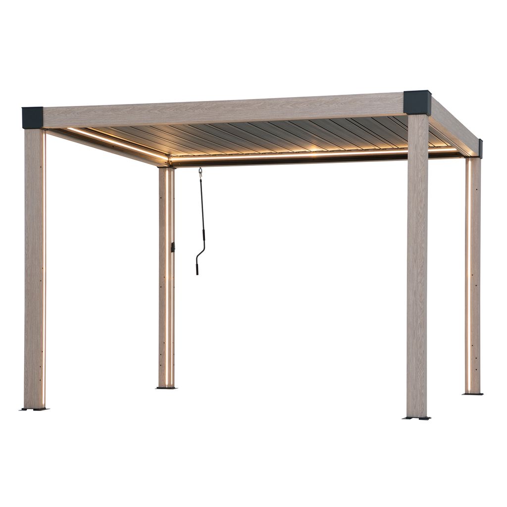 Sunjoy Aluminium Modulare Multi Lamellenpergola mit LED 3x3 MATTERHORN - 306cm x 306cm, eiche