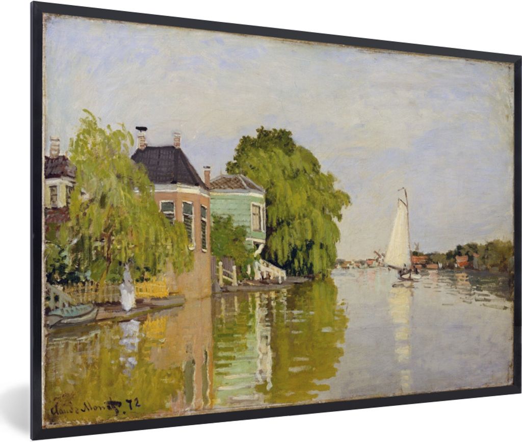 MuchoWow Gerahmtes Poster Häuser am Achterzaan - Gemälde von Claude Monet 90x60 cm - Poster mit Schwarzem Bilderrahmen Wandposter Rahmen Foto B...