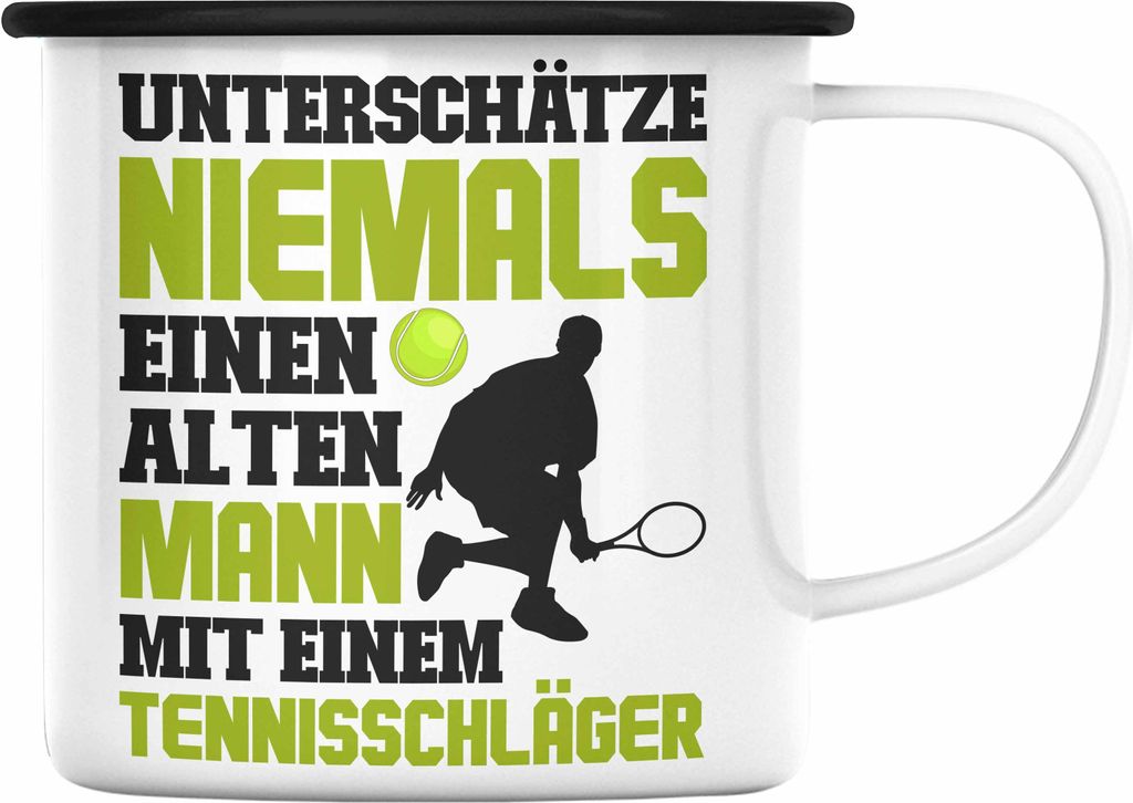 Trendation - Tennis Alter Mann Geschenk Trainer Coach Tennisspieler Geschenkidee Emaille Emaille Tasse (Schwarz)