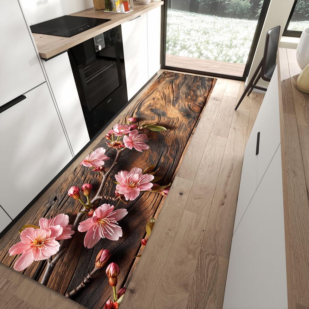 Küchenteppich 80x300cm rutschfest & abwischbar PVC Läufer - Holzblüten