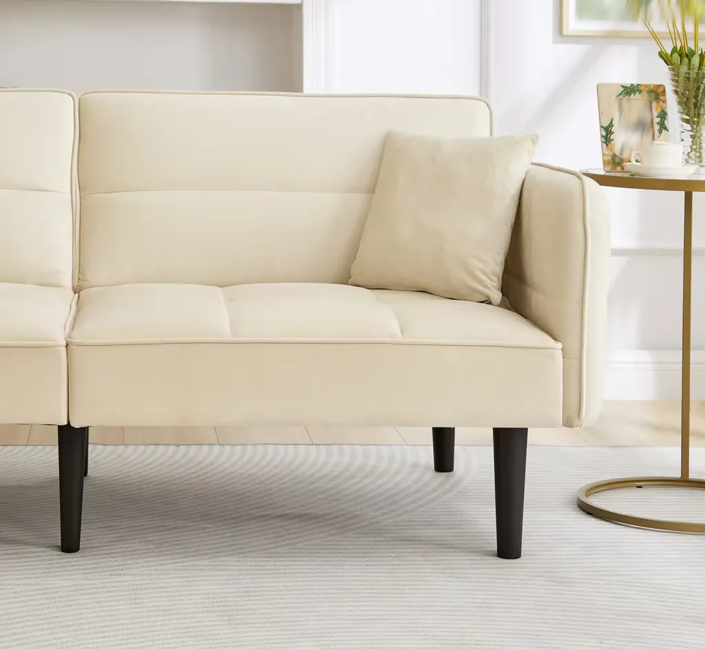 Lit d'Appoint 2 Places Compact en Velours Beige pour Invités Inattendus