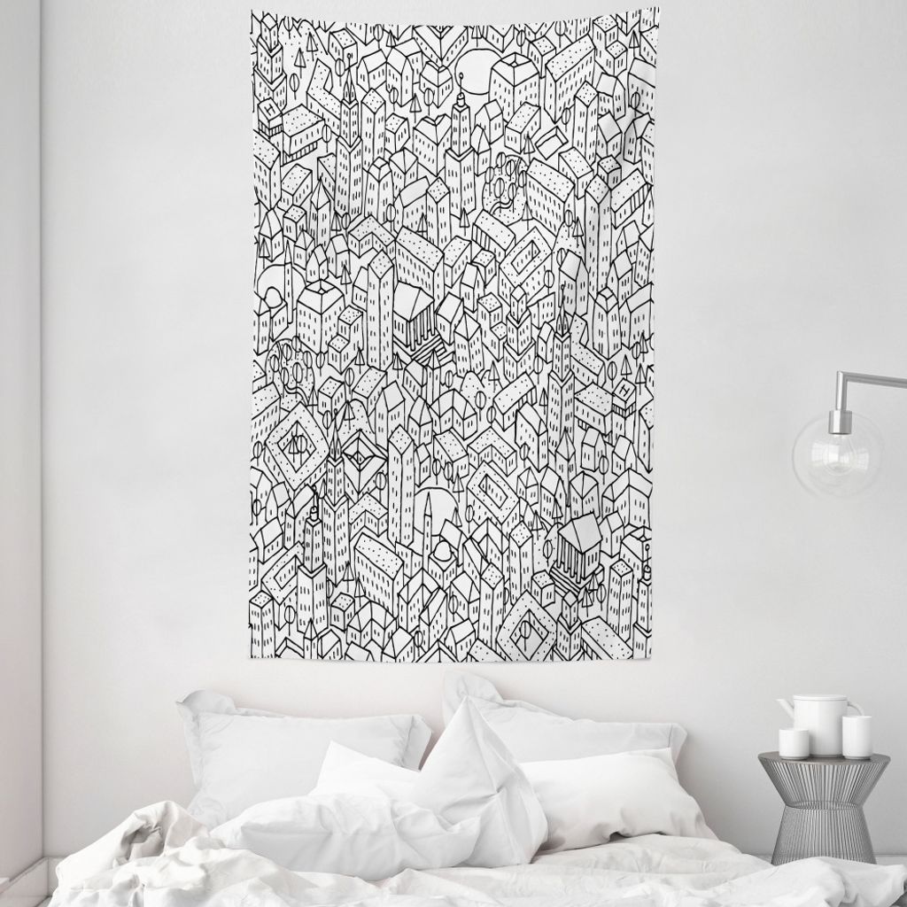 ABAKUHAUS Gekritzel Wandteppich und Tagesdecke, Crowded Stadtleben aus Weiches Mikrofaser Stoff Waschbar ohne Verblassen Digitaldruck, 140 x 230 cm...