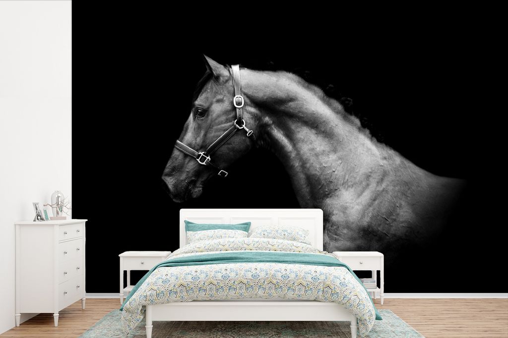 MuchoWow Fototapete für Wohnzimmer oder Schlafzimmer Wandtapete Vinyl Motivtapete Pferd - Leicht - Halfter - 420x280 cm - Zimmer für Kinder