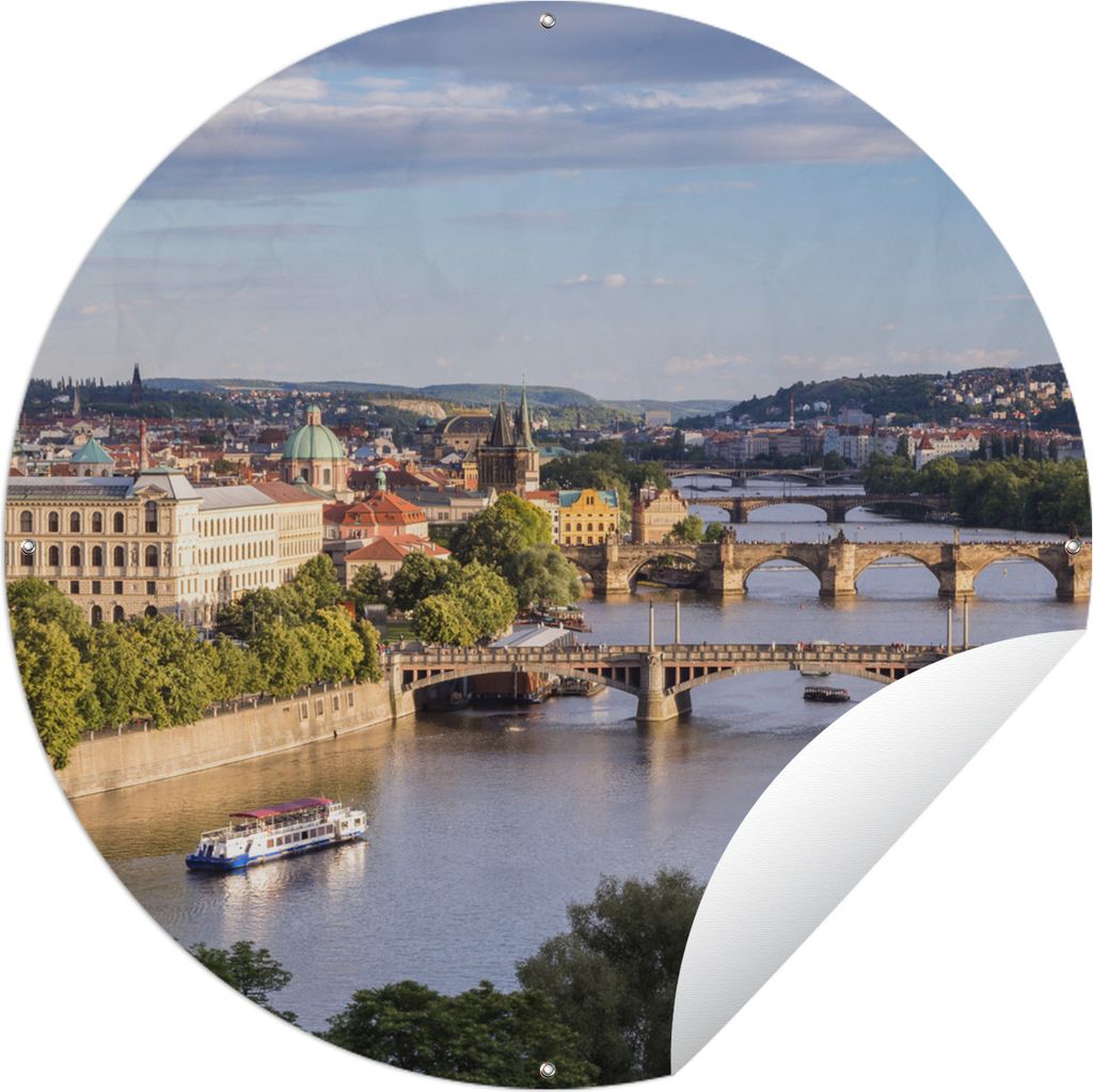 MuchoWow Gartenposter Outdoor-Poster Rund Boot - Prag - Architektur Ø 120 cm Gartendeko Rundes Poster draußen