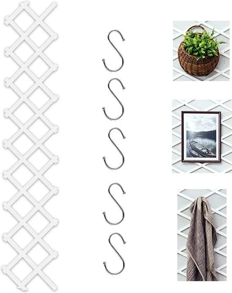 Treillis extensible blanc 180x33 cm avec 5 crochets en S pour plantes