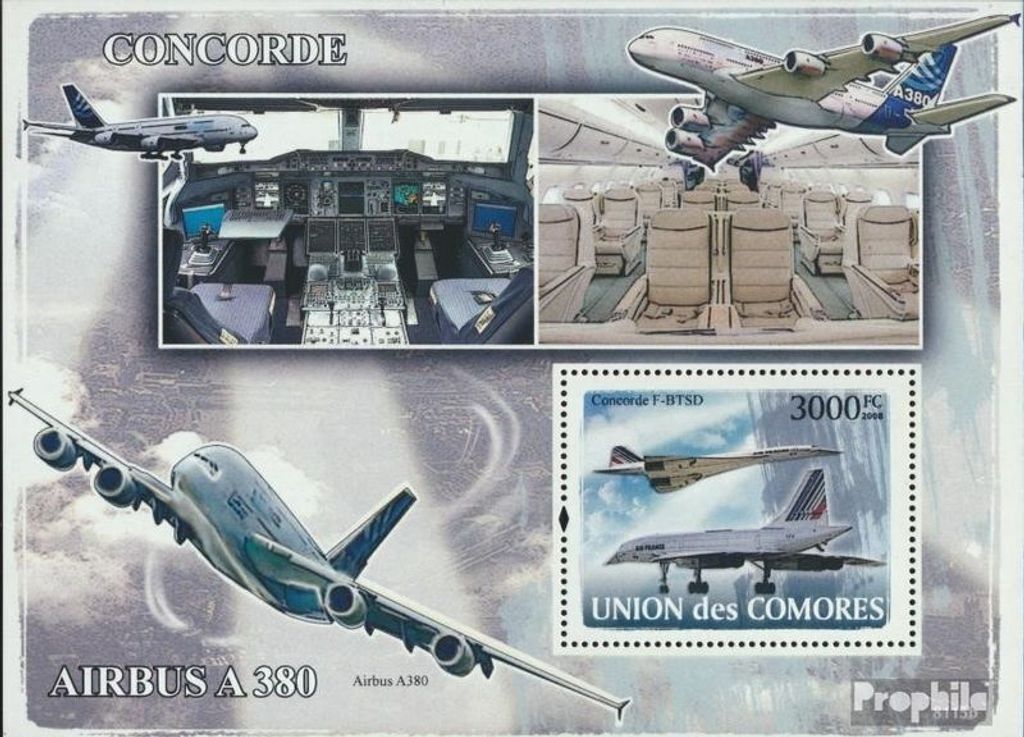 Briefmarken Komoren 2008 Mi Block 447 (kompl. Ausg.) postfrisch Concorde, Airbus