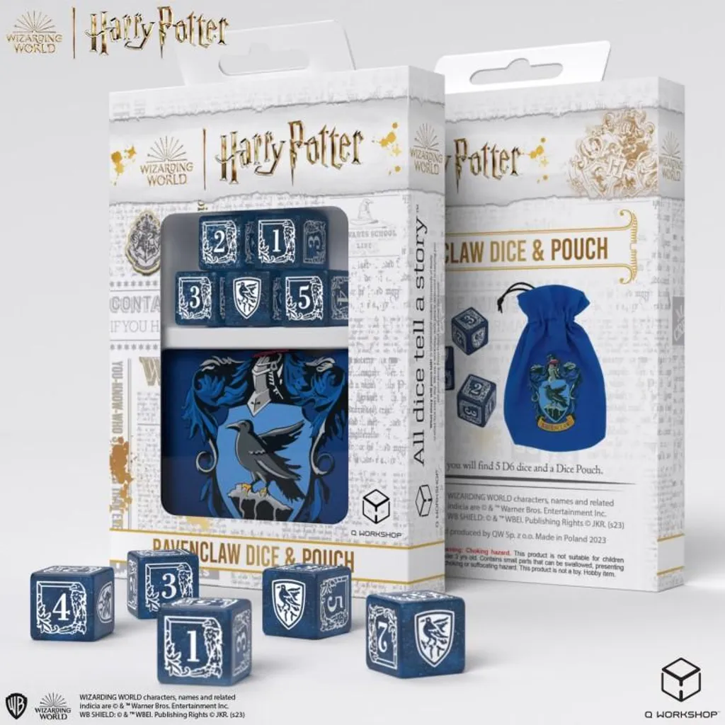 Dés Harry Potter Ravenclaw gravés avec sacoche - Design bleu et argenté