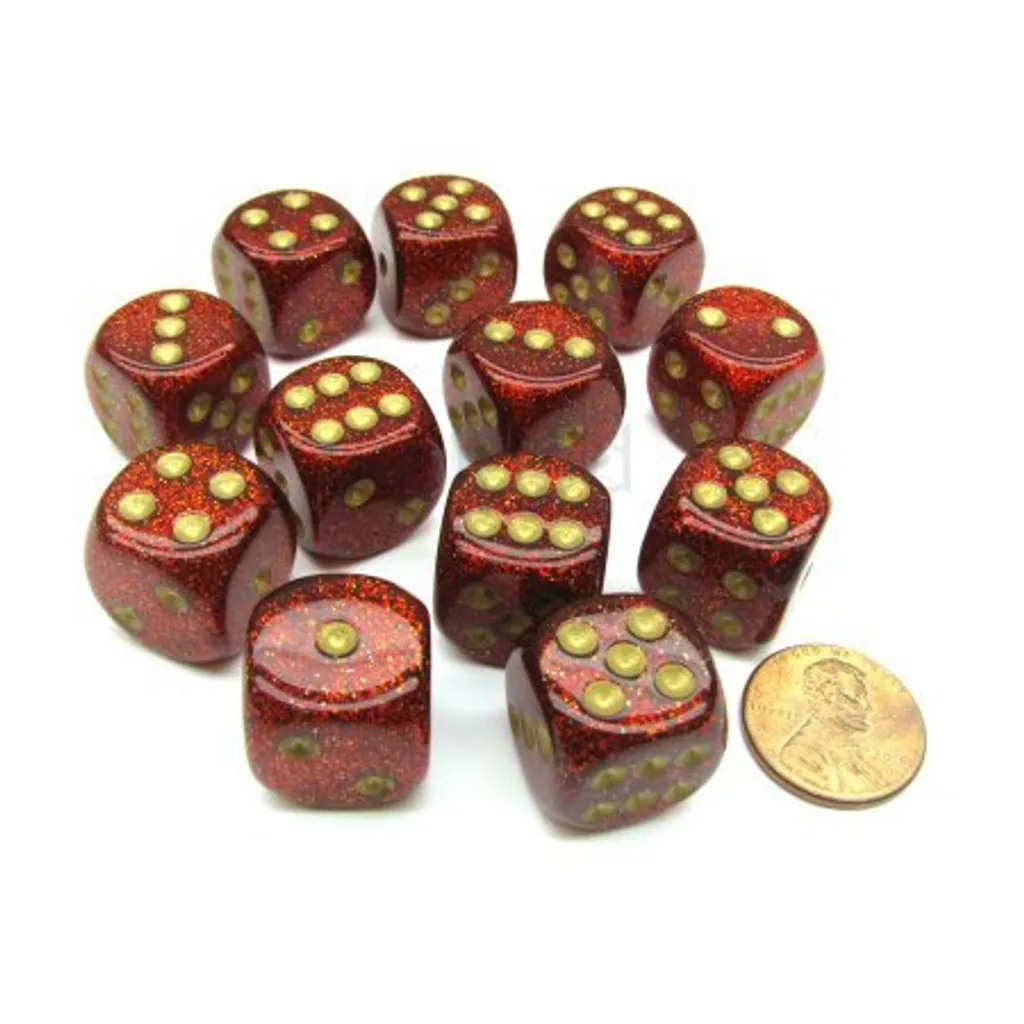 Dés D6 16mm Scintillant Rubis et Or Chessex - Finition Éclatante x12