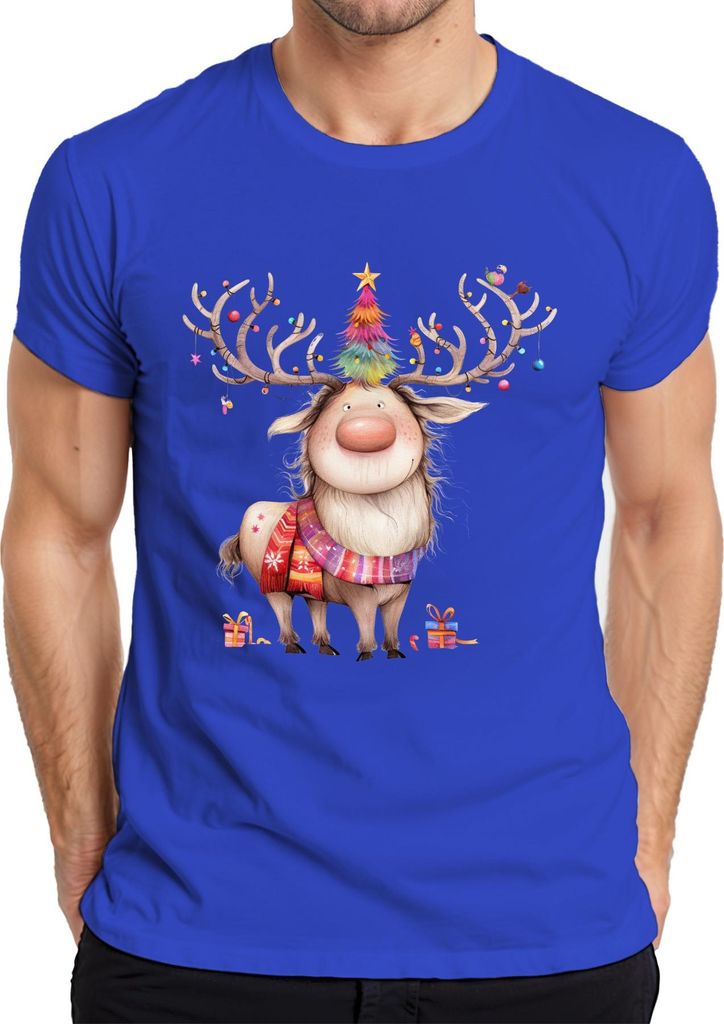 Weihnachtsrentier niedlich buntes Geweih Weihnachtsbaum Geschenk Herren T-Shirt, Blau, L