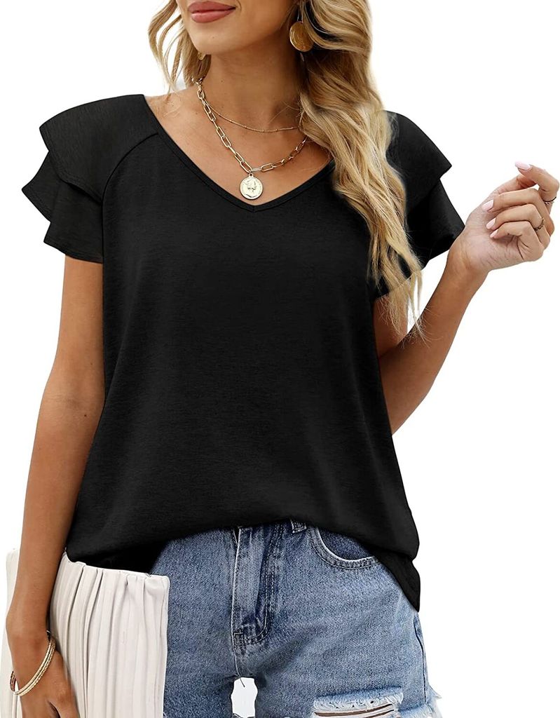 ASKSA Damen T-Shirt Kurzarm V-Ausschnitt Rüsche Sommer Basic Oberteil Casual Loose Tunika Tops, Schwarz, XXL