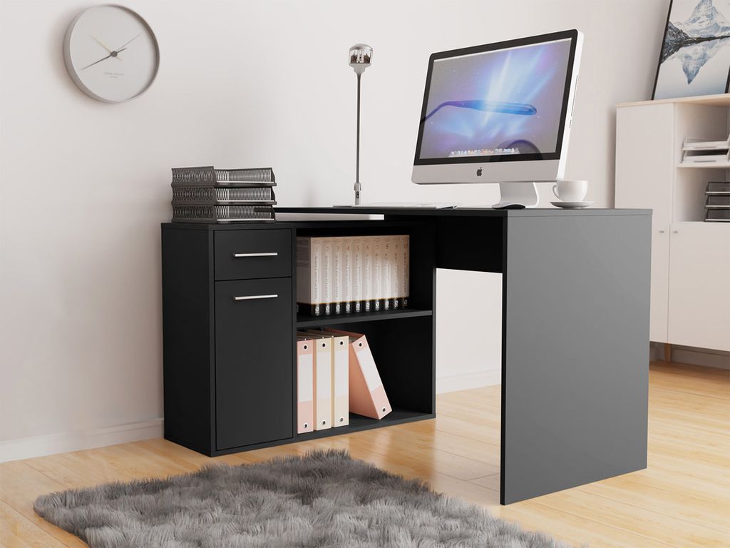 A modern home office setup with a corner desk, computer, and storage.