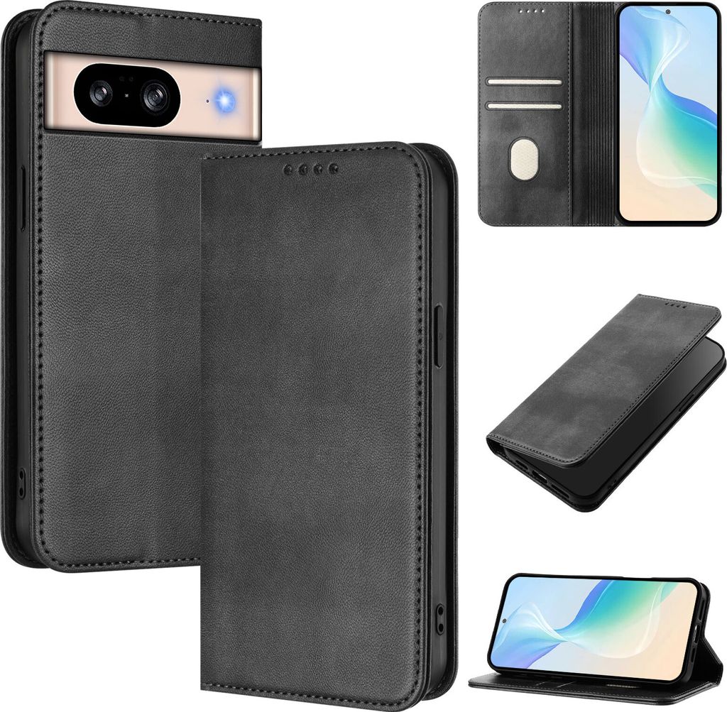 Handyhülle für Google Pixel 8, Vintage Leder RFID Schutz Kartenfach Standfunktion Magnetische Klapphülle Schwarz