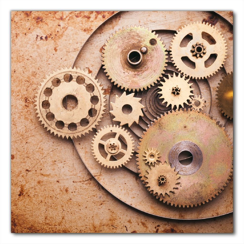 Wallario selbstklebende Möbelfolie/ Tischdecke für Innen und Außen, Größe: 90 x 90 cm - Zahnräder einer alten Uhr im alten Stil