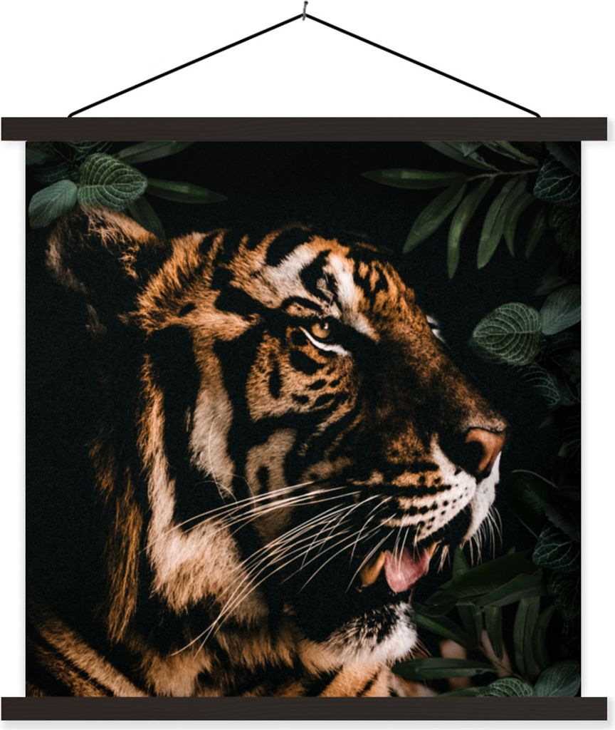MuchoWow Textilposter Tiger - Blätter - Tier 120x120 cm mit schwarzem Rahmen - Aufhängungsset