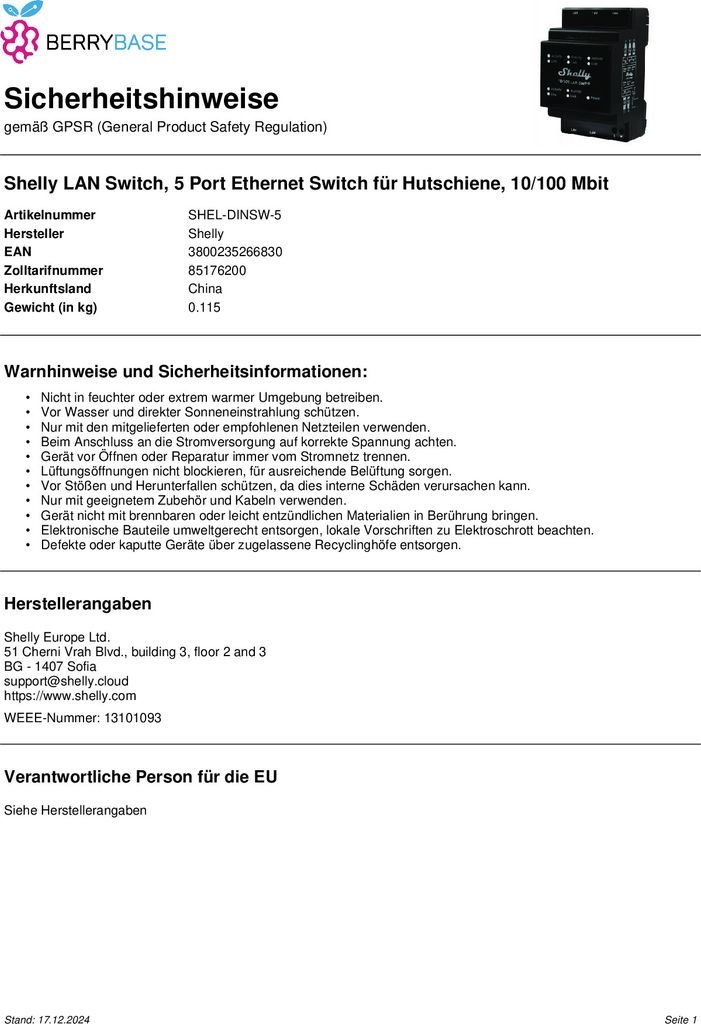 Shelly LAN-Switch für DIN-Schiene, 5 RJ45-Ports, einfache Produktbild 10