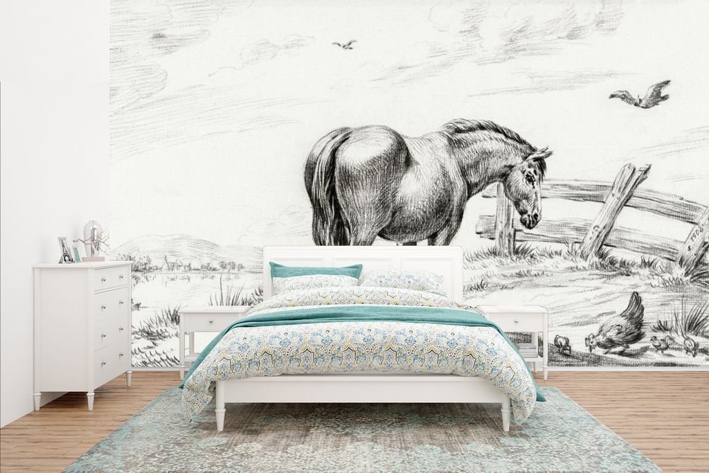 MuchoWow Fototapete für Wohnzimmer oder Schlafzimmer Wandtapete Vinyl Motivtapete Stehendes Pferd mit Henne und Küken - Gemälde von Jean Berna...