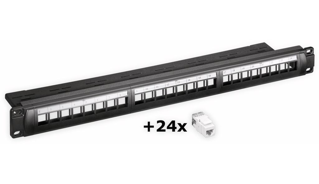 Goobay 19-Zoll (48,3 cm) Keystone Patch Panel Leergehäuse Set (1 HE) - inkl. 24x CAT-6-Module (UTP)