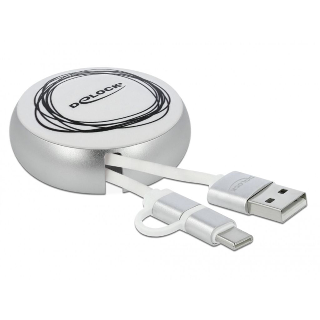 USB 2 in 1 Aufrollkabel A zu Micro-B/USB-C weiß/silber