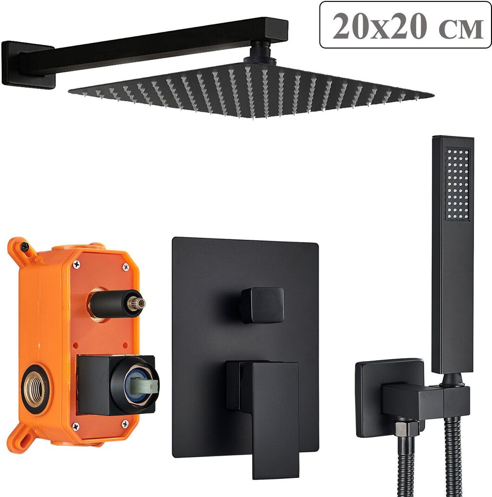 Duschsystem schwarz Unterputz Duschset Regendusche Kopfbrause mit Handbrause,20*20cm