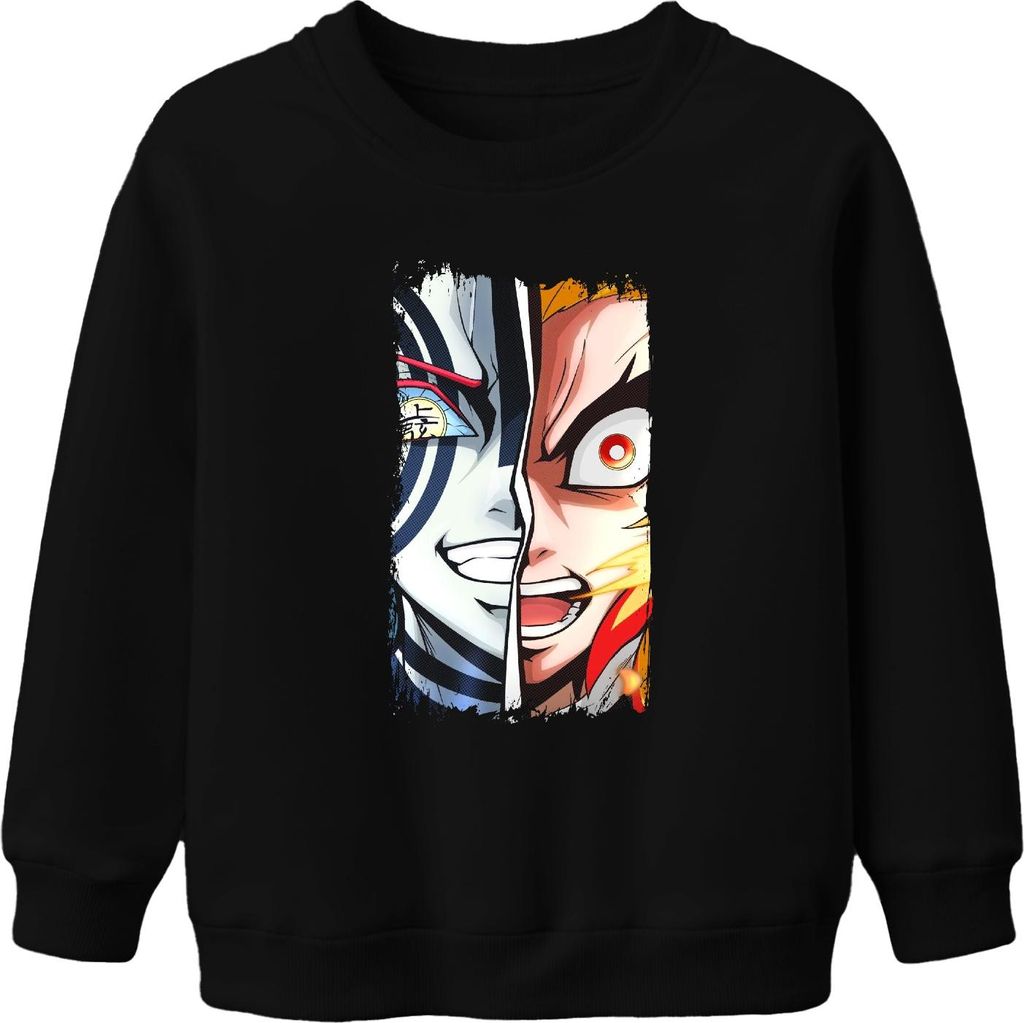 Rengoku Akaza Halbgesicht Feuer Dämon Anime Vintage Anime Manga Uni Kinder Sweatshirt Pullover, Schwarz, 116