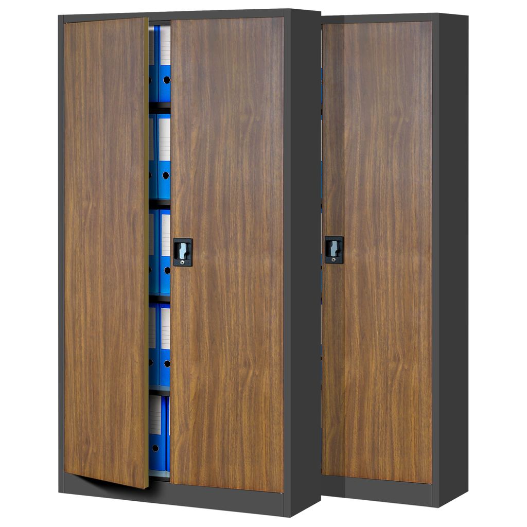 A double metal filing cabinet with a wood-grain finish on the doors, showing multiple blue binders inside.
