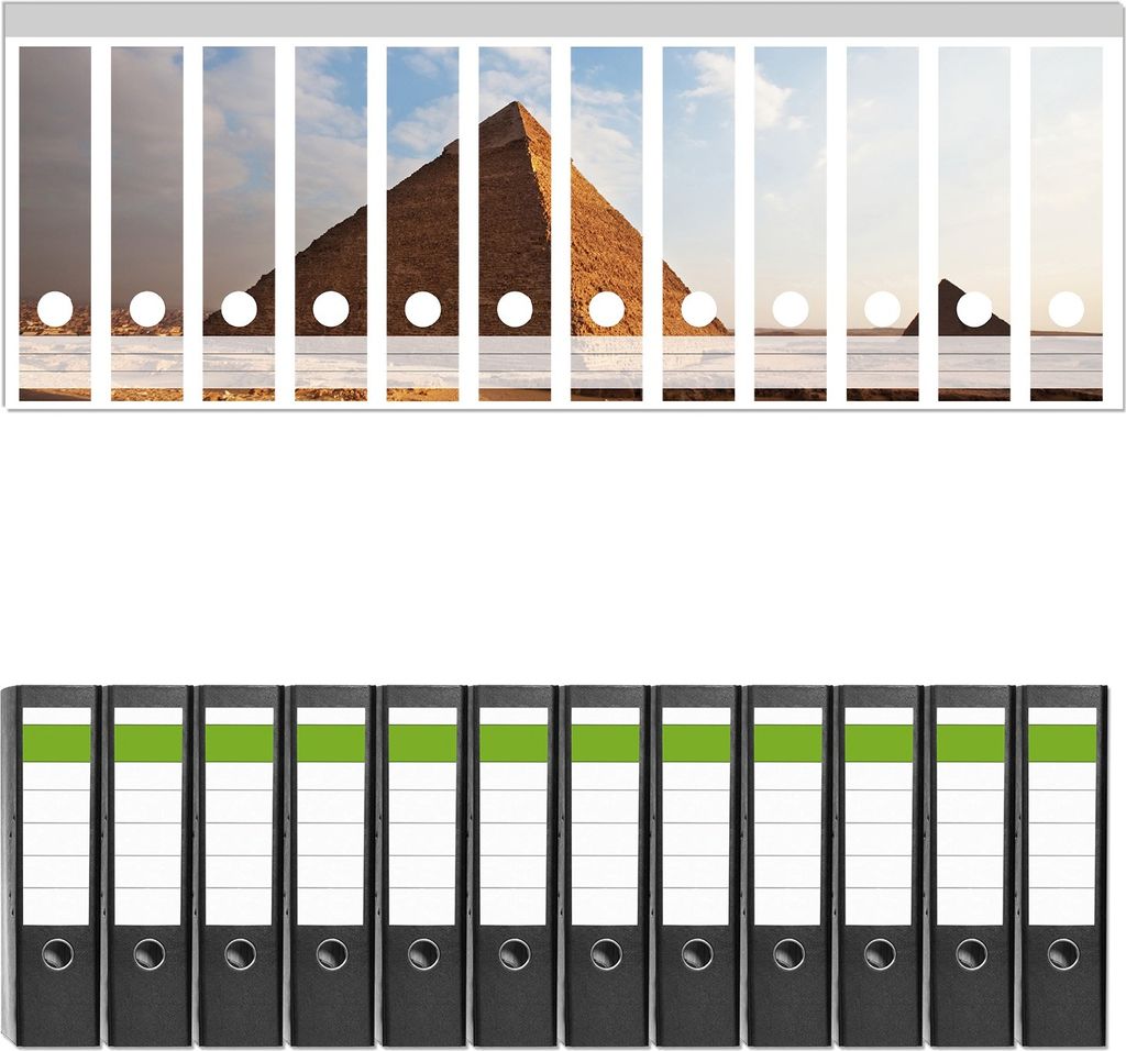 Wallario 12 Stück breite Ordner inkl. Klebeetiketten mit Motive Alte Pyramide in Ägypten - Set mit Rückenschildern / Ordnerrücken Stickern