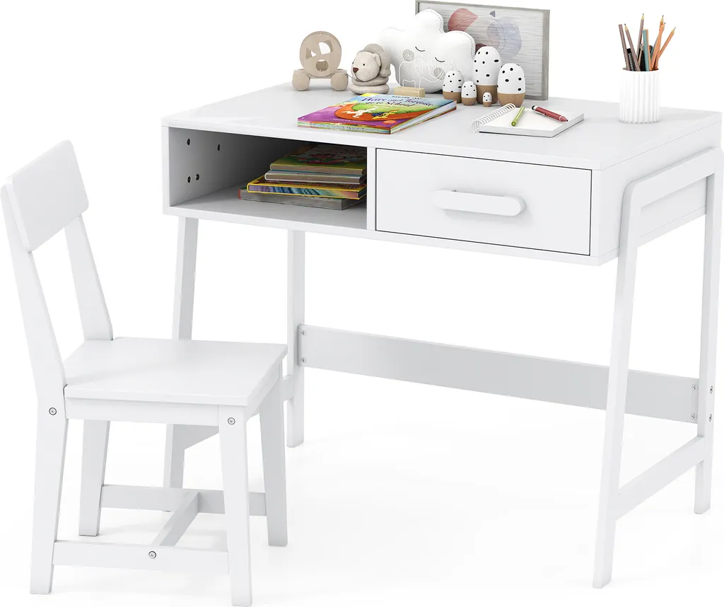Ensemble Bureau et Chaise pour Enfants en Bois Blanc avec Rangement Intégré