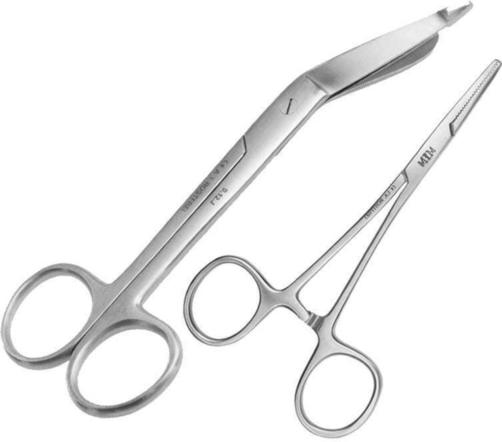 Set - 1x Universal-Schere 18,5 cm - Edelstahl + 1x Klemme mit geradem Ende 13 cm
